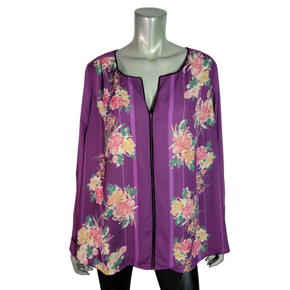 ModCloth Top Plus Size 1X Roll Tab Sleeve Floral High Low Casual Career Purple